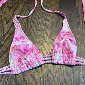 Pink flamingo print bikini top with beading details